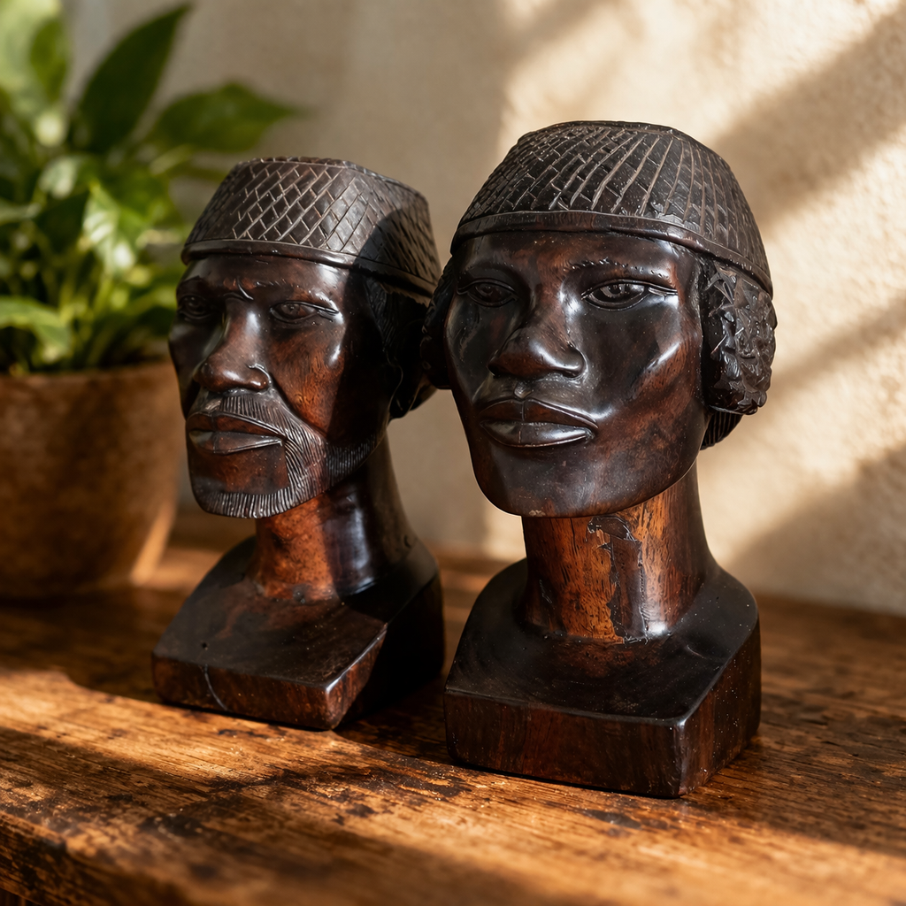 Pair of Hand-Carved Ebony African Heads