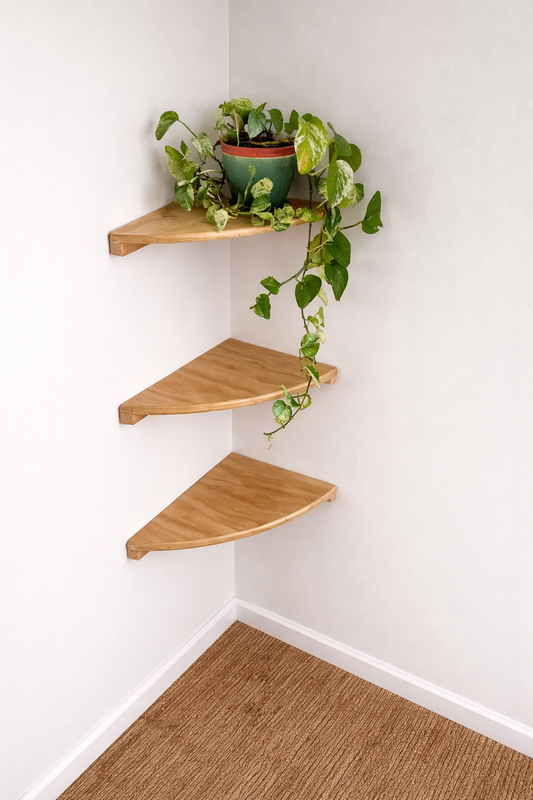 Natural Wood Finish Corner Shelves