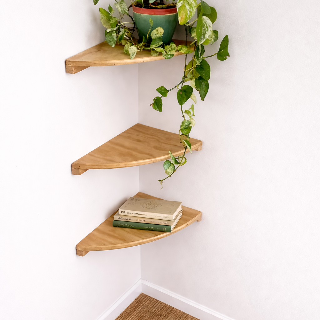 Natural Wood Finish Corner Shelves