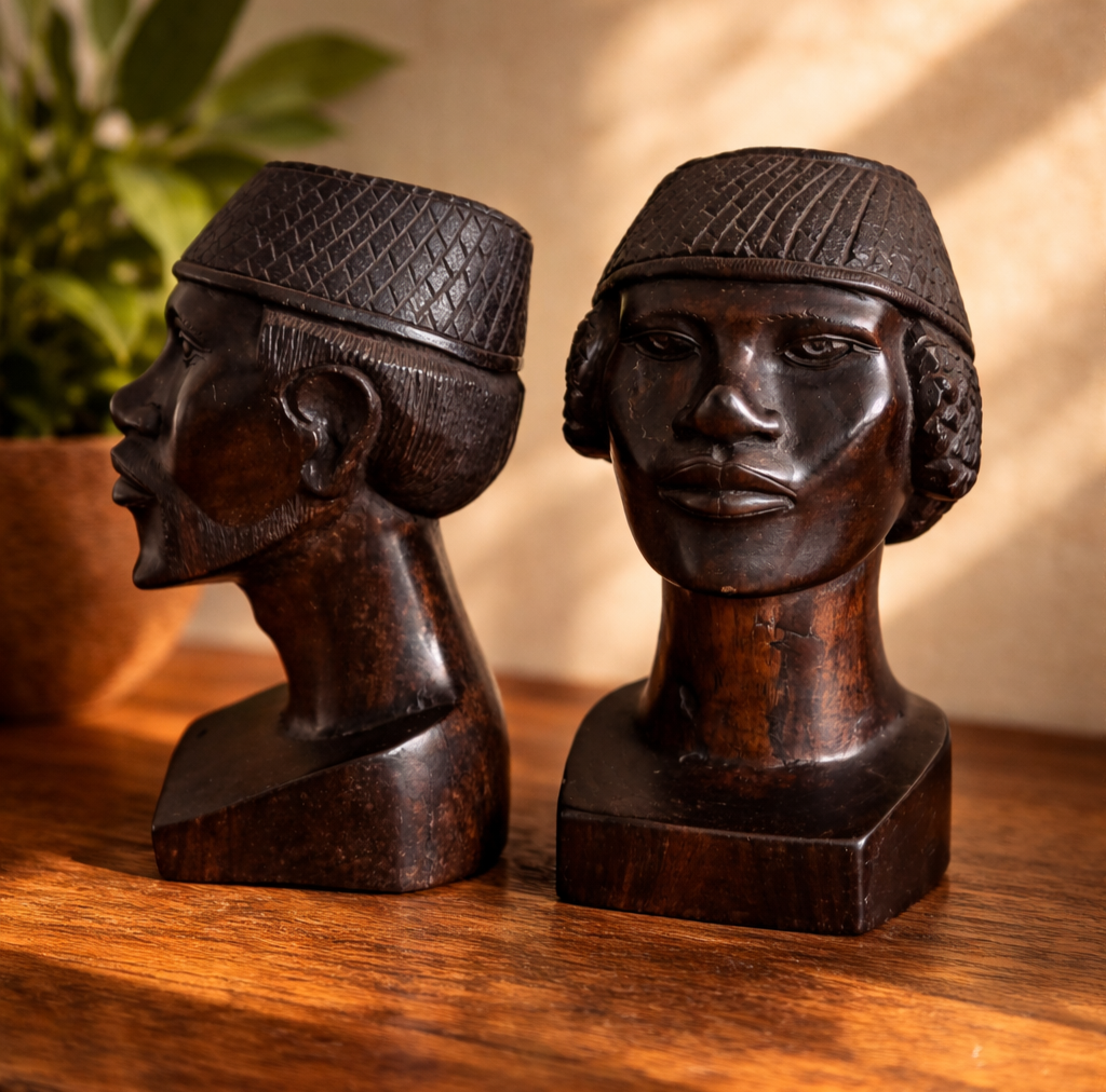 Pair of Hand-Carved Ebony African Heads