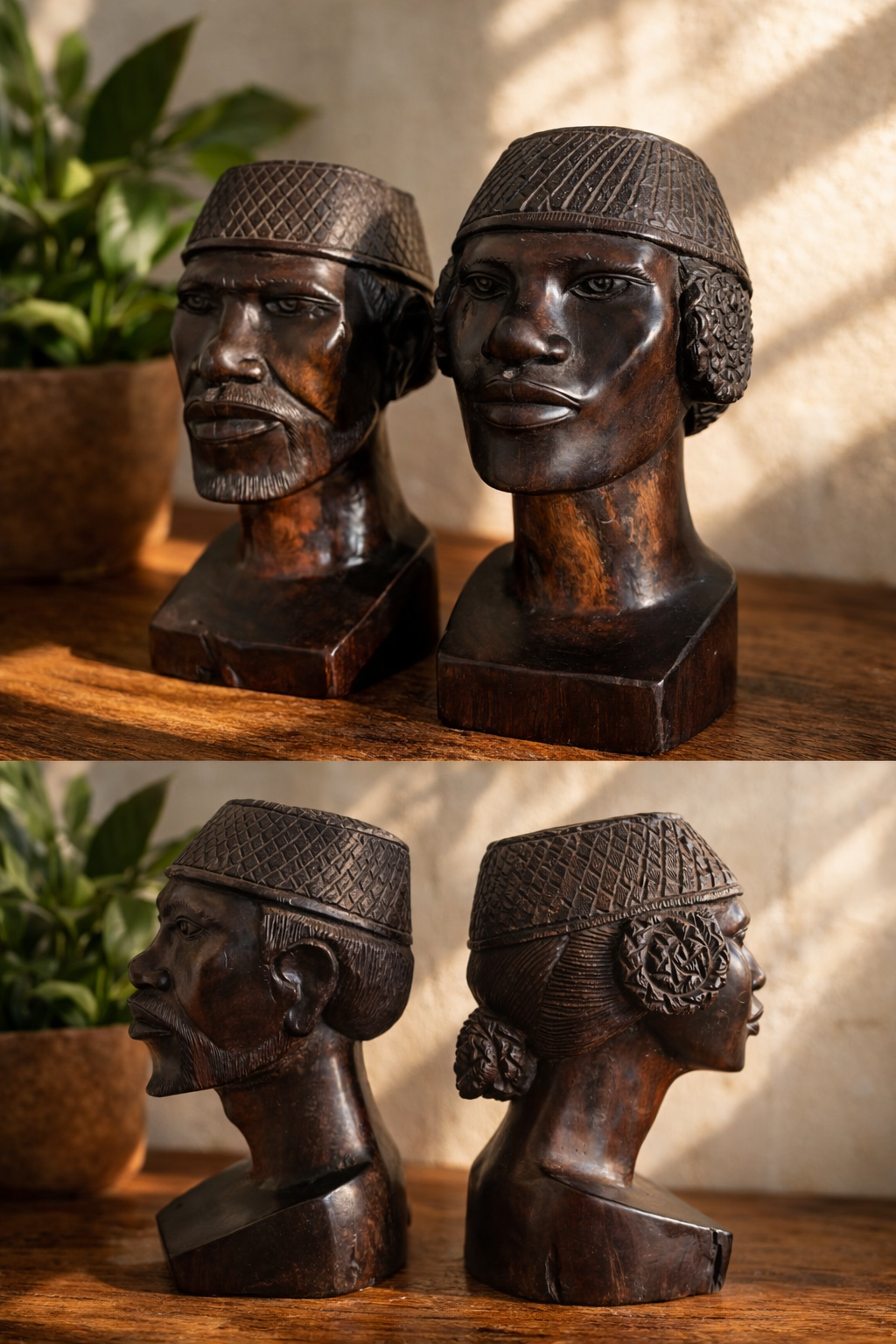 Pair of Hand-Carved Ebony African Heads